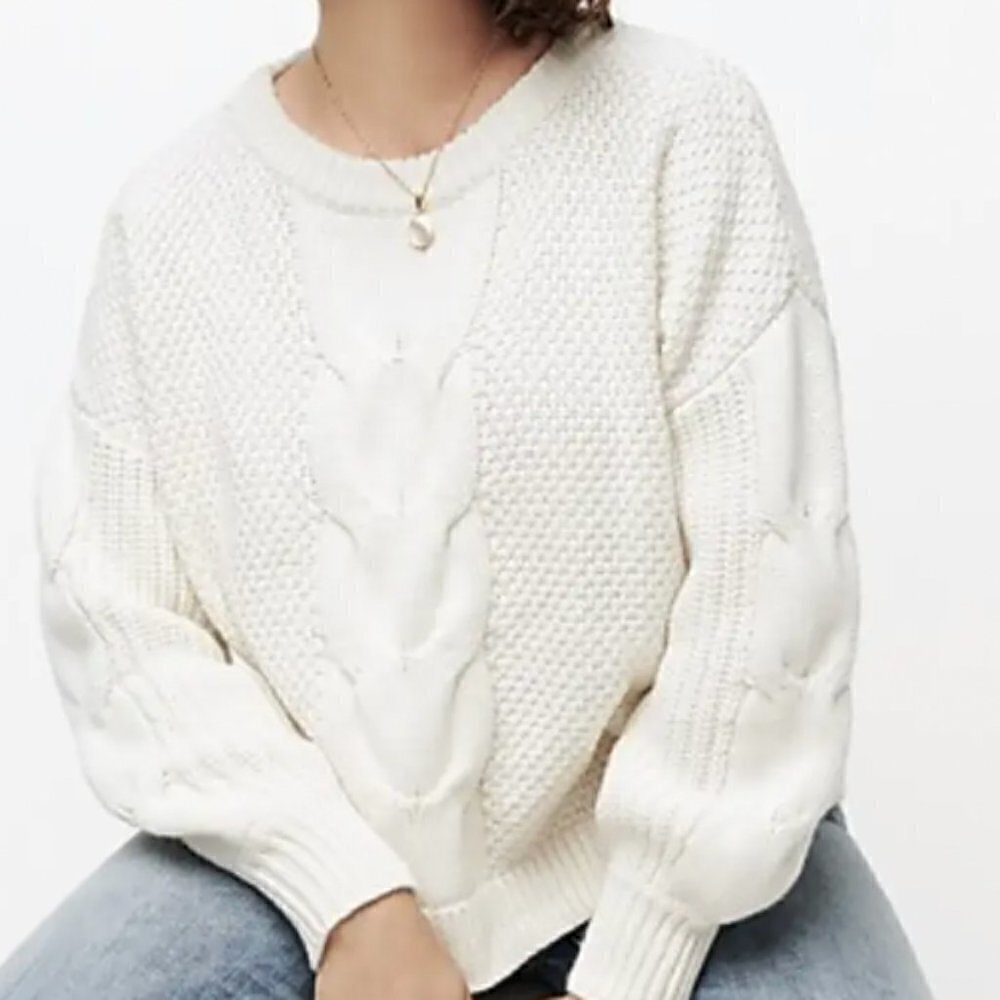 J Crew Cable Knit Merino Wool Blend Balloon Sleeve Sweater Medium
